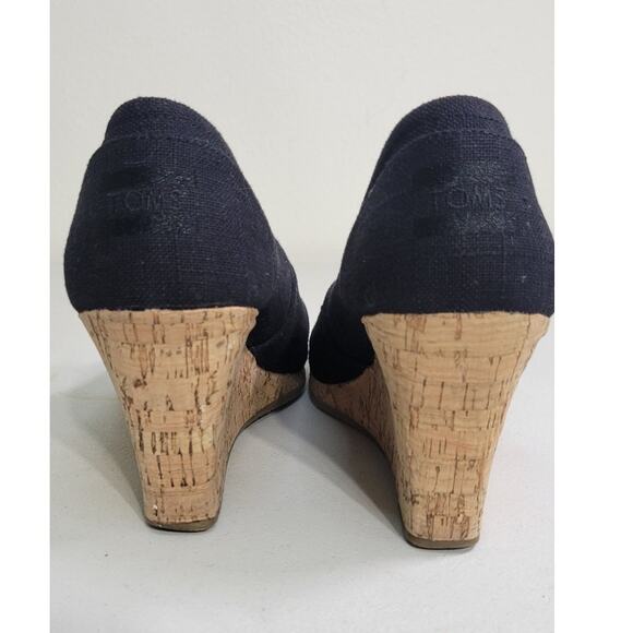 Toms Sandals Womens Size 8 Michelle Black Canvas Wedges Cork Heel Peep-Toe - Picture 2 of 9